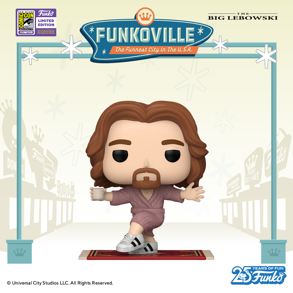 Don't be mistaken! This 2023 SDCC-exclusive Pop! The Dude features Jeff Lebowski with his arms spread wide as he does a yoga pose on his favorite rug.